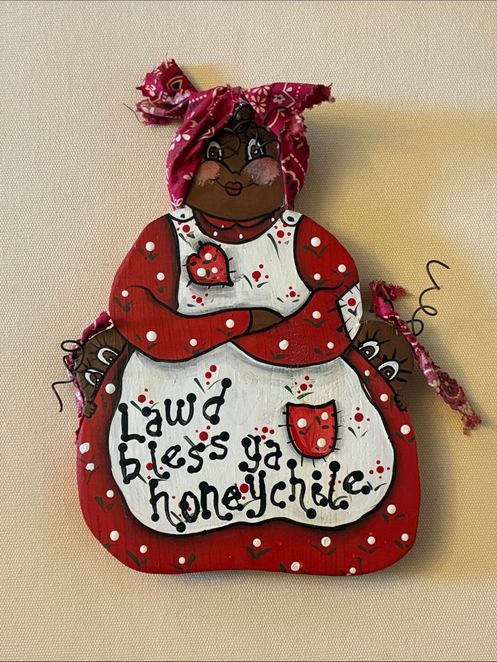 Handpainted Red Folk Art Kitchen Wall Hanging - "Lawd Bless Ya Honeychild"